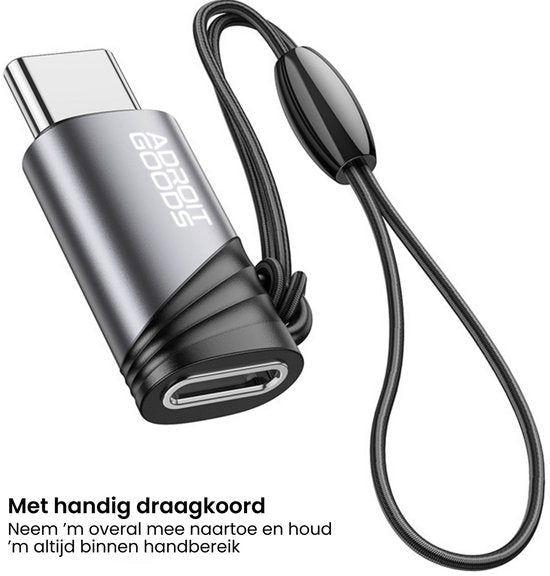 Zilverkleurige USB-C adapter met zwart draagkoord voor eenvoudig meenemen en gebruiksgemak