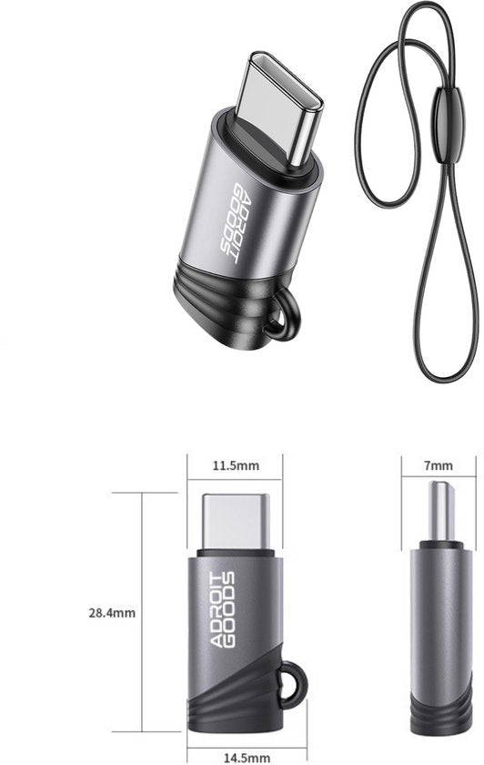 Grijze compacte USB-C adapter met zwarte accenten en een bevestigingssnoer naast afmetingen.