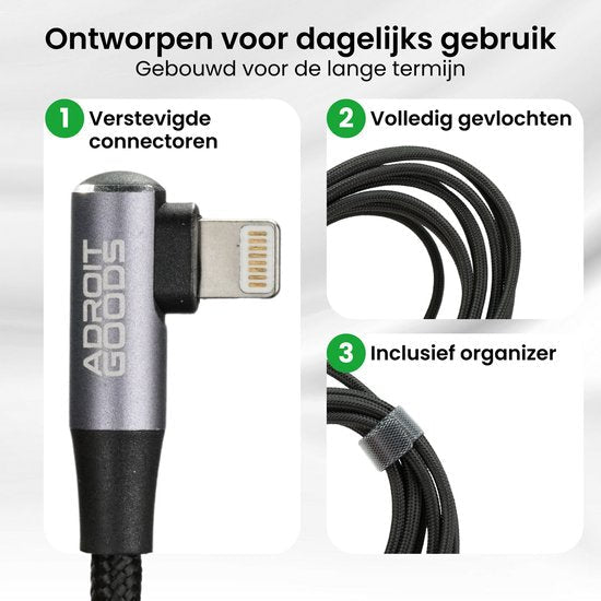 Usb-kabel met verstevigde connector, gevlochten kabel en organizer voor dagelijks gebruik