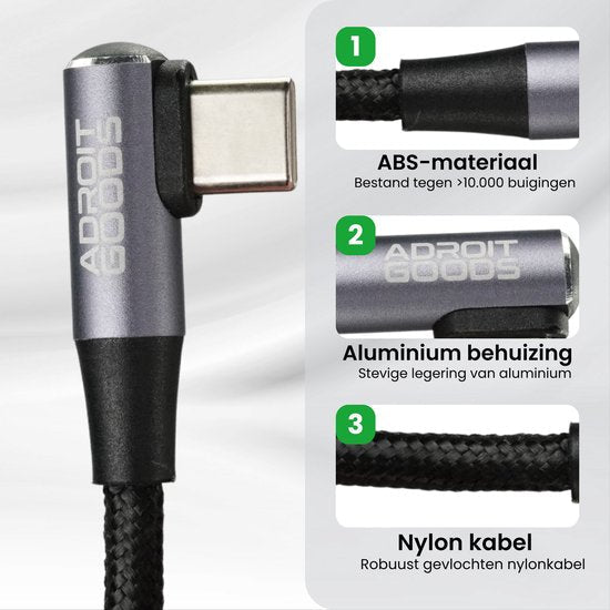 Draadloze USB-C kabel met ABS-materiaal, aluminium behuizing en gevlochten nylon kabel