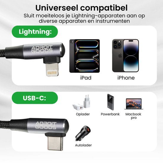 Close-up van AdroitGoods kabels met lightning en USB-C connectoren voor verschillende apparaten