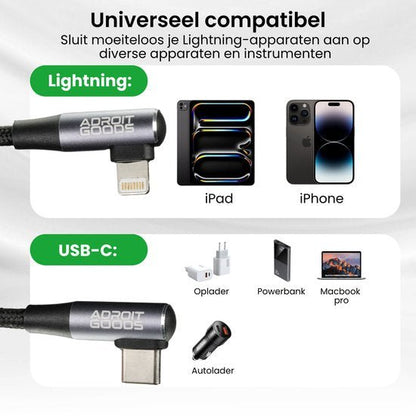 Close-up van AdroitGoods kabels met lightning en USB-C connectoren voor verschillende apparaten