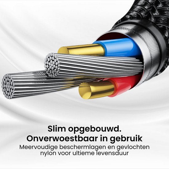 Close-up van gevlochten metalen kabels met blauwe, rode en gouden isolatie en nylon omhulsel