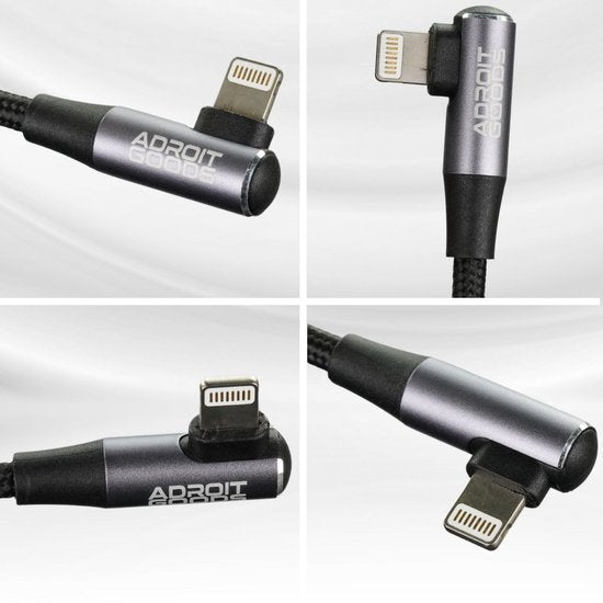 Zwarte AdroitGoods kabel met 90 graden hoek en donkergrijze behuizing en connectoren