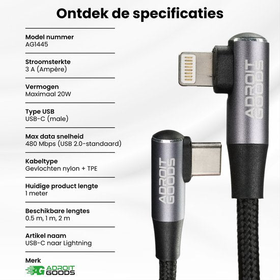 Zwarte USB-C naar Lightning kabel met nylon mantel en rechts hoekige connectoren