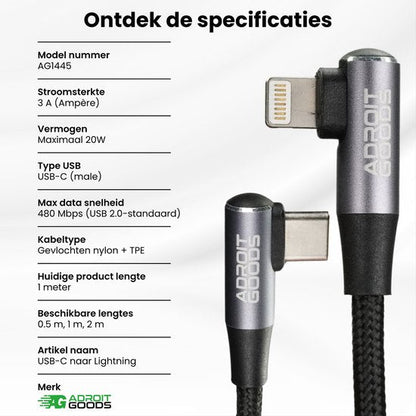 Zwarte USB-C naar Lightning kabel met nylon mantel en rechts hoekige connectoren