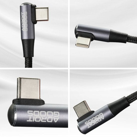 Gesloten USB-C kabel met hoekconnectoren en Adroit Goods branding in grijs en zwart.