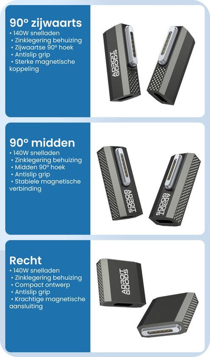 Drie zwarte magnetische adapters met verschillende 90° en rechte hoeken en antislip grip.