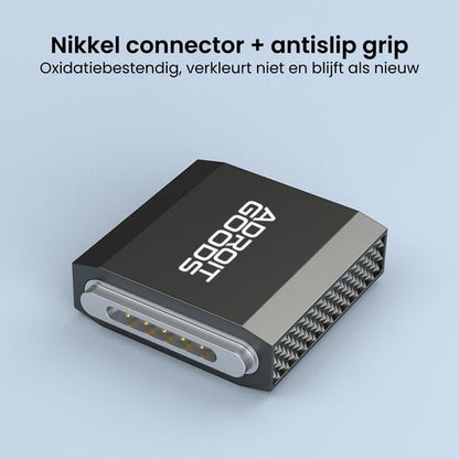 Close-up van een zwarte connector met antislip grip en nikkelaansluiting zonder oxidatie.