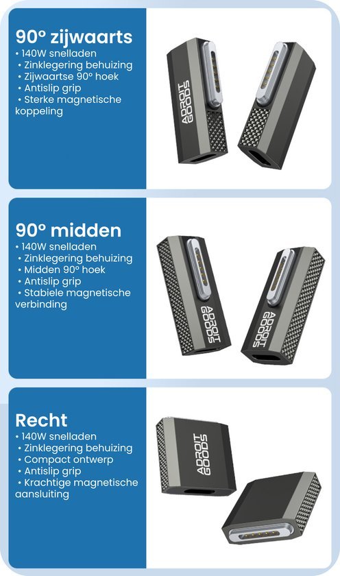 Drie zwarte magnetische connectoren van AdroitGoods met verschillende hoeken en antislip grip.