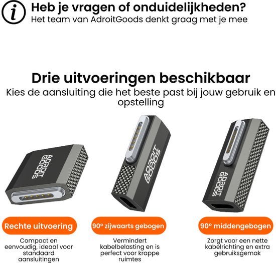 Drie soorten AdroitGoods connectoren, recht en twee soorten 90 graden gebogen uitvoeringen.