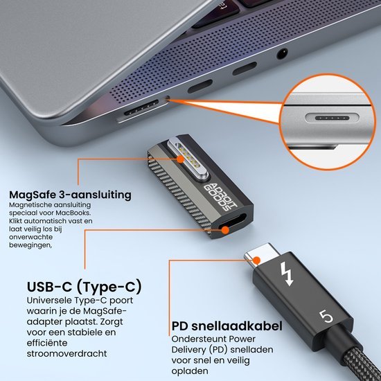 Close-up van een MagSafe 3 aansluiting met USB-C en PD snellaadkabel voor veilige verbindingen