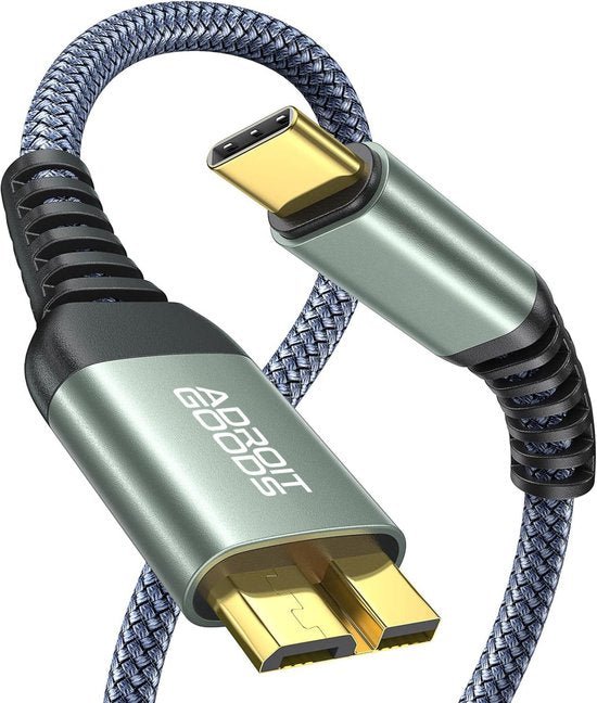 blauw gevlochten kabel met USB-C en mini-USB connectoren en metalen behuizing