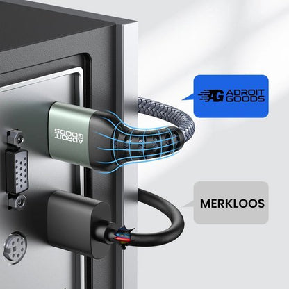 Twee kabels verbonden met een apparaat, waarbij een kabel extra bescherming heeft tegen knikken en breken.