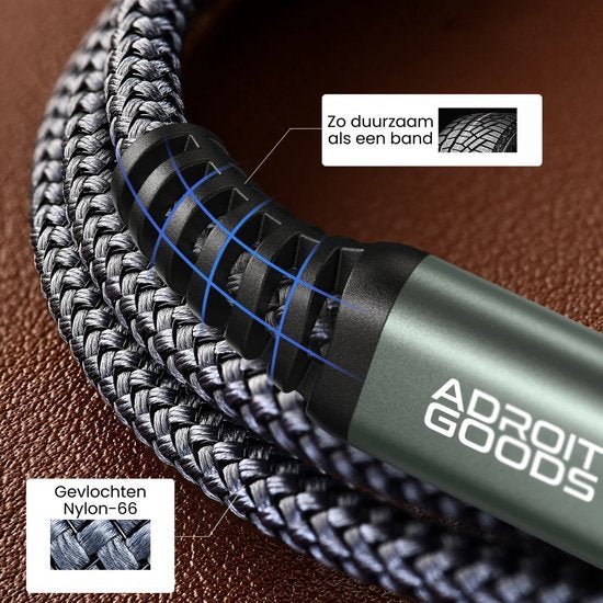 Dichtgeweven nylon snoer met versterkte rubberen aansluiting voor extra duurzaamheid