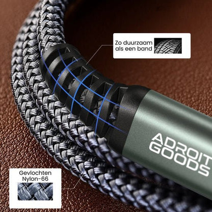 Dichtgeweven nylon snoer met versterkte rubberen aansluiting voor extra duurzaamheid