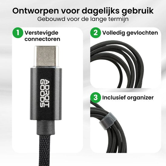 Zwarte gevlochten kabel met stevige connector en organizer voor dagelijks gebruik