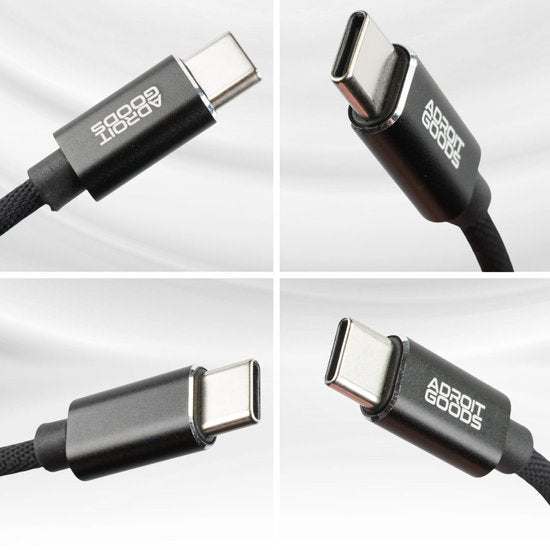 Vier close-up foto’s van een zwarte USB-C kabel met AdroitGoods logo op de connectoren