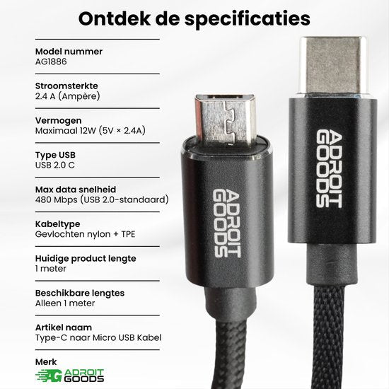 Zwarte gevlochten Type-C naar Micro USB kabel met witte AdroitGoods branding