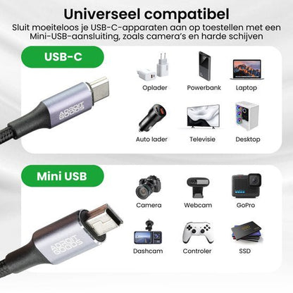 Universele kabel met USB-C en Mini USB aansluitingen voor diverse apparaten zoals camera's en laptops