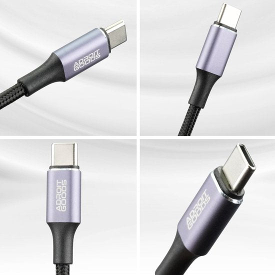 USB-C kabel met paars metallic omhulsel en gevlochten zwarte kabel van dichtbij weergegeven