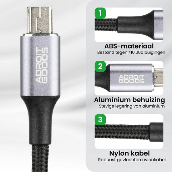 USB kabel met aluminium behuizing en nylon kabel, duurzaam en stevig ontworpen