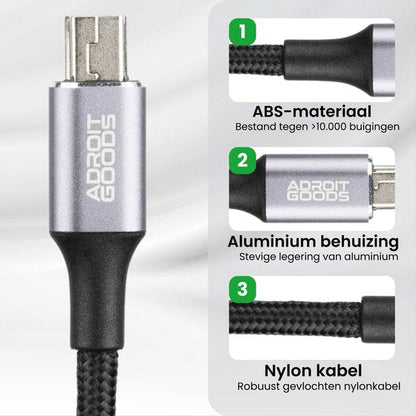 USB kabel met aluminium behuizing en nylon kabel, duurzaam en stevig ontworpen