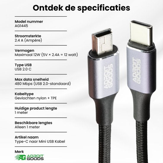 AdroitGoods USB-kabel met Type-C en Mini USB connector, gevlochten nylon en TPE kabel