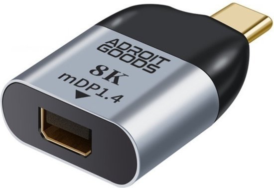 Compact zwarte en zilveren adapter met USB-C aansluiting en 8K mDP 1.4 label van AdroitGoods