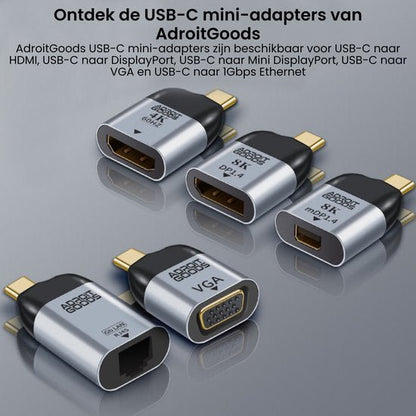 Vijf compacte AdroitGoods USB-C mini-adapters voor verschillende aansluitingen op glanzende ondergrond