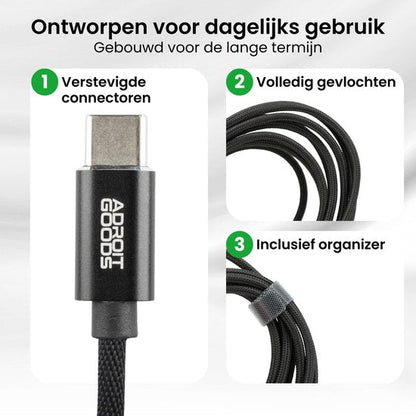 Gevlochten zwarte kabel met versterkte connector en organizer voor dagelijks gebruik