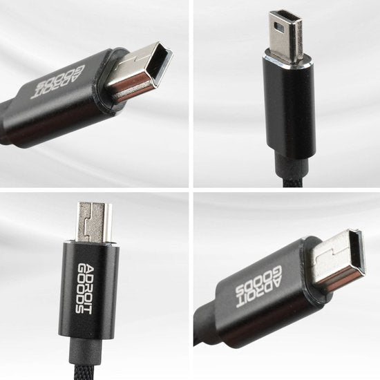 Zwarte kabel met vier verschillende close-up beelden van oplaadkabel aansluitingen