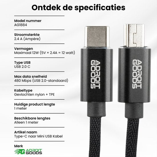 Type-C naar Mini USB kabel met gevlochten nylon en TPE mantel in zwart