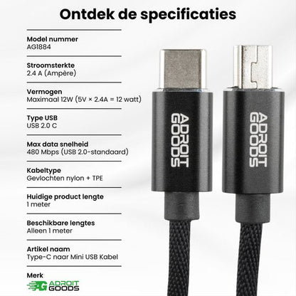 Type-C naar Mini USB kabel met gevlochten nylon en TPE mantel in zwart