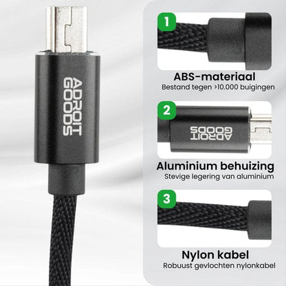 Zwarte micro-USB-kabel met AdroitGoods logo, nylon buitenlaag en aluminium behuizing