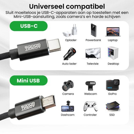 Universele USB-C naar Mini USB kabel met compatibiliteit voor camera, laptop, oplader en meer apparaten