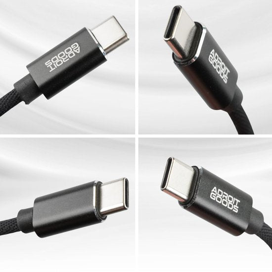 Vier close-up afbeeldingen van zwarte USB-C kabels met Adroit Goods logo in professionele stijl
