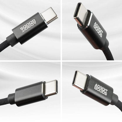 Vier close-up afbeeldingen van zwarte USB-C kabels met Adroit Goods logo in professionele stijl