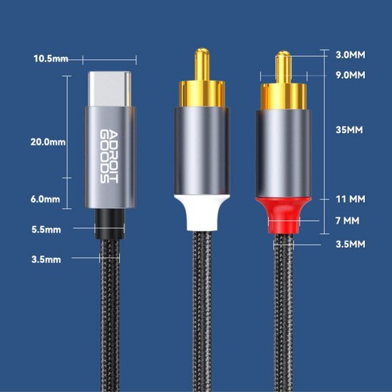 Gedetailleerde afmetingen van een USB-C naar RCA audiokabel met metalen behuizing en gevlochten kabel.