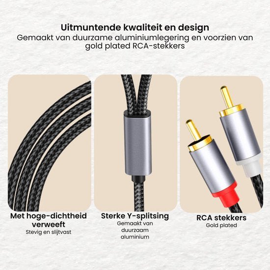Duurzame aluminium kabel met gevlochten buitenkant en goudkleurige RCA-stekkers