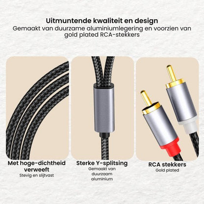 Duurzame aluminium kabel met gevlochten buitenkant en goudkleurige RCA-stekkers