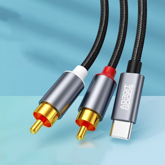 AdroitGoods kabel met USB-C en twee RCA-connectoren met gevlochten zwarte kabelmantel