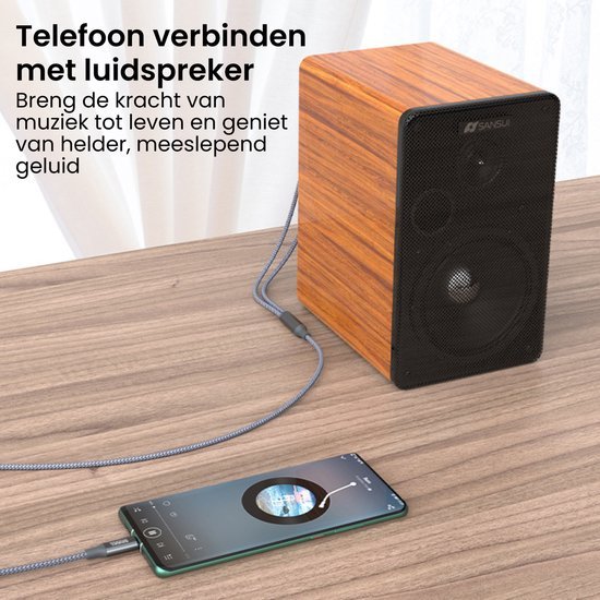 Smartphone verbonden met houten luidspreker voor helder en meeslepend geluid