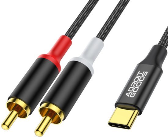 Zwarte kabel met twee RCA-aansluitingen en een USB-C-connector met AdroitGoods logo