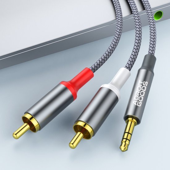 3 audiokabels met goudkleurige aansluitingen, twee RCA en één 3,5 mm Jack kabel