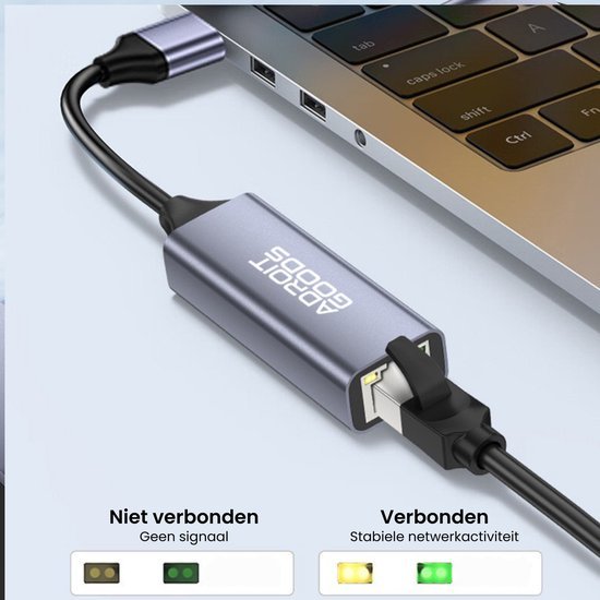 Adapter aangesloten op laptop met RJ45-netwerkkabel en signaalindicatoren zichtbaar