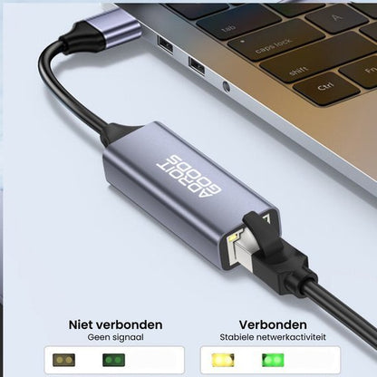 Adapter aangesloten op laptop met RJ45-netwerkkabel en signaalindicatoren zichtbaar