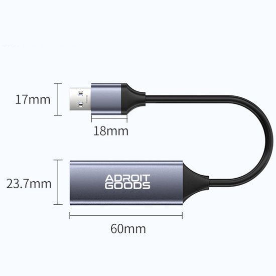 Zwarte kabel met metalen aansluitingen en afmetingen van 60mm bij 23,7mm en 17mm bij 18mm