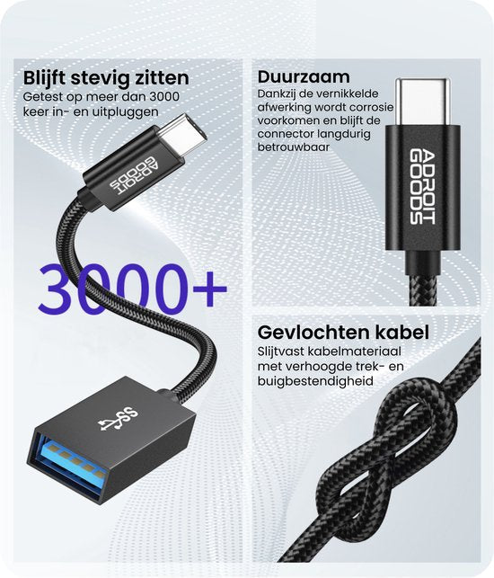 Zwart gevlochten kabel met USB-C en USB-A connector, duurzaam en betrouwbaar design.