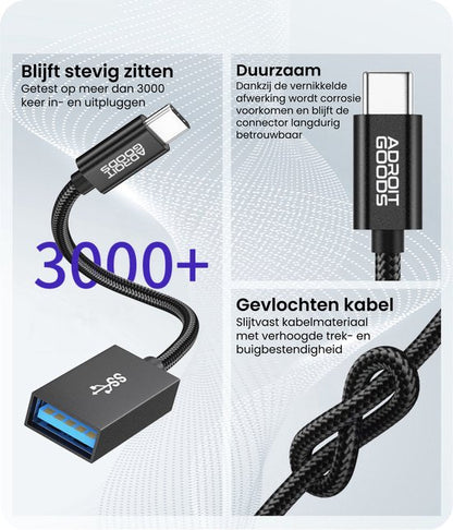 Zwart gevlochten kabel met USB-C en USB-A connector, duurzaam en betrouwbaar design.